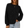 MEROKEETY Women’s Fall Sequin Long Sleeve Pullover Sweaters | Crew Neck, Lantern Sleeve, Oversized, Casual, Sparkly, Drop Shoulder, Ribbed Hem, Solid Color, Knit, Winter Clothes(Black)