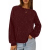 MEROKEETY Women’s Fall Sequin Long Sleeve Pullover Sweaters | Crew Neck, Lantern Sleeve, Oversized, Casual, Sparkly, Drop Shoulder, Ribbed Hem, Solid Color, Knit, Winter Clothes(Wine)