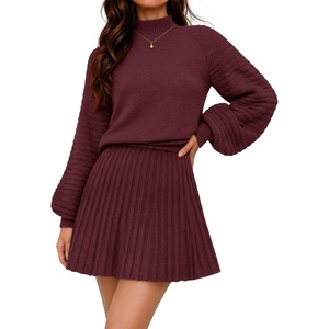 MEROKEETY Womens Fall 2 Piece Skirt Sets Sweater Outfits Mini Skirts Dress | 2026, Mock Neck, Long Lantern Ribbed Sleeve, Knit, Casual Pullover Tops, Pleated, Fashion Short Skirt, Trendy Winter Clothing(Wine)