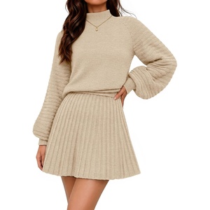 MEROKEETY Womens Fall 2 Piece Skirt Sets Sweater Outfits Mini Skirts Dress | 2026, Mock Neck, Long Lantern Ribbed Sleeve, Knit, Casual Pullover Tops, Pleated, Fashion Short Skirt, Trendy Winter Clothing(Apricot)