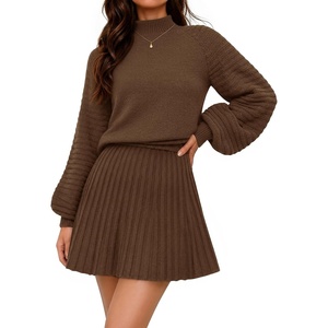 MEROKEETY Womens Fall 2 Piece Skirt Sets Sweater Outfits Mini Skirts Dress | 2026, Mock Neck, Long Lantern Ribbed Sleeve, Knit, Casual Pullover Tops, Pleated, Fashion Short Skirt, Trendy Winter Clothing(Brown)