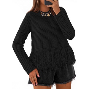 MEROKEETY Women’s Fall Fashion Crochet Fringe Sweaters | 2026 Fringe Tops for Women, Trendy Boho Knit, Long Sleeve, Crew Neck, Casual Pullover Tops(Black)