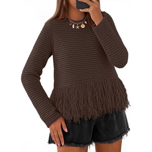 MEROKEETY Women’s Fall Fashion Crochet Fringe Sweaters | 2026 Fringe Tops for Women, Trendy Boho Knit, Long Sleeve, Crew Neck, Casual Pullover Tops(Coffee)