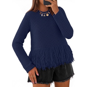 MEROKEETY Women’s Fall Fashion Crochet Fringe Sweaters | 2026 Fringe Tops for Women, Trendy Boho Knit, Long Sleeve, Crew Neck, Casual Pullover Tops(Navy)