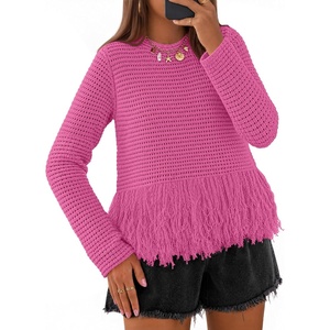 MEROKEETY Women’s Fall Fashion Crochet Fringe Sweaters | 2026 Fringe Tops for Women, Trendy Boho Knit, Long Sleeve, Crew Neck, Casual Pullover Tops(Rose)