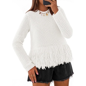 MEROKEETY Women’s Fall Fashion Crochet Fringe Sweaters | 2026 Fringe Tops for Women, Trendy Boho Knit, Long Sleeve, Crew Neck, Casual Pullover Tops(White)