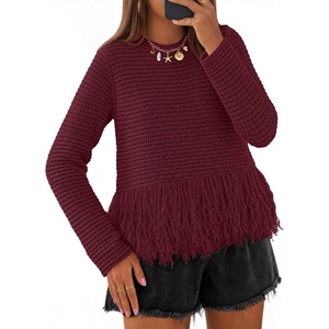 MEROKEETY Women’s Fall Fashion Crochet Fringe Sweaters | 2026 Fringe Tops for Women, Trendy Boho Knit, Long Sleeve, Crew Neck, Casual Pullover Tops(Wine)
