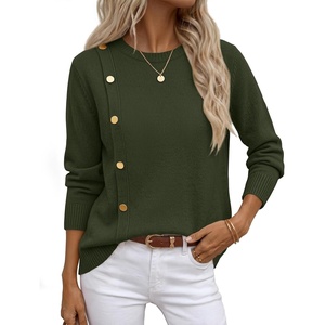 MEROKEETY Women’s Fall Long Sleeve Button Casual Pullover Sweater | Crew Neck, Ribbed Knit, Decorative Gold Buttons, Relaxed Fit, Solid Color, Business Casual, Work, 2026 Winter Outfits(Army)