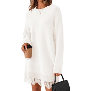 MEROKEETY Women’s Fall Long Sleeve Lace Oversized Casual Knit Sweater Dress | Patchwork, Crew Neck, Above Knee Length, Twofer Pullover, Ribbed, Drop Shoulder, Loose Fit, Soft, Cozy Winter Outfits 2026(White)