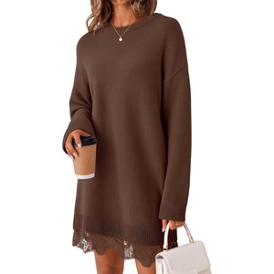 MEROKEETY Women’s Fall Long Sleeve Lace Oversized Casual Knit Sweater Dress | Patchwork, Crew Neck, Above Knee Length, Twofer Pullover, Ribbed, Drop Shoulder, Loose Fit, Soft, Cozy Winter Outfits 2026(Coffee)