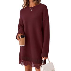 MEROKEETY Women’s Fall Long Sleeve Lace Oversized Casual Knit Sweater Dress | Patchwork, Crew Neck, Above Knee Length, Twofer Pullover, Ribbed, Drop Shoulder, Loose Fit, Soft, Cozy Winter Outfits 2026(Wine)