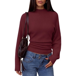 MEROKEETY Women’s Fall Mock Neck Batwing Sleeve Sweater Cinched Waist Tops | Dolman Sleeve, Ribbed Knit, Ruched, Single-side Buttons, Cozy Pullover, Date Night Going Out Outfits, Winter Fashion Clothes(Wine)