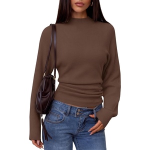 MEROKEETY Women’s Fall Mock Neck Batwing Sleeve Sweater Cinched Waist Tops | Dolman Sleeve, Ribbed Knit, Ruched, Single-side Buttons, Cozy Pullover, Date Night Going Out Outfits, Winter Fashion Clothes(Coffee)