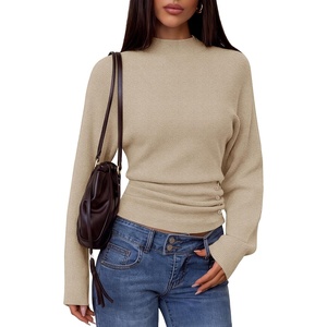 MEROKEETY Women’s Fall Mock Neck Batwing Sleeve Sweater Cinched Waist Tops | Dolman Sleeve, Ribbed Knit, Ruched, Single-side Buttons, Cozy Pullover, Date Night Going Out Outfits, Winter Fashion Clothes(Oatmeal)