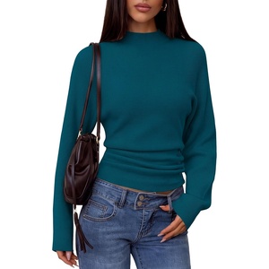 MEROKEETY Women’s Fall Mock Neck Batwing Sleeve Sweater Cinched Waist Tops | Dolman Sleeve, Ribbed Knit, Ruched, Single-side Buttons, Cozy Pullover, Date Night Going Out Outfits, Winter Fashion Clothes(Teal)