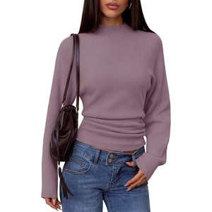 MEROKEETY Women’s Fall Mock Neck Batwing Sleeve Sweater Cinched Waist Tops | Dolman Sleeve, Ribbed Knit, Ruched, Single-side Buttons, Cozy Pullover, Date Night Going Out Outfits, Winter Fashion Clothes(Grey Purple)