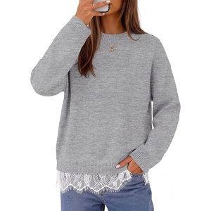 MEROKEETY Women’s Fall Oversized Lace Sweaters 2026 Trendy | Long Sleeve, Crew Neck, Drop Shoulder, Soft Knit, Loose Casual , Cozy Cute Pullover Top, Fall Fashion Outfits, Winter Clothes(Gray)