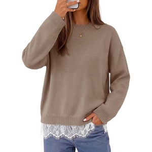 MEROKEETY Women’s Fall Oversized Lace Sweaters 2026 Trendy | Long Sleeve, Crew Neck, Drop Shoulder, Soft Knit, Loose Casual , Cozy Cute Pullover Top, Fall Fashion Outfits, Winter Clothes(Khaki)