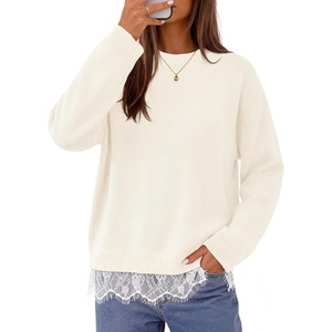 MEROKEETY Women’s Fall Oversized Lace Sweaters 2026 Trendy | Long Sleeve, Crew Neck, Drop Shoulder, Soft Knit, Loose Casual , Cozy Cute Pullover Top, Fall Fashion Outfits, Winter Clothes(White)