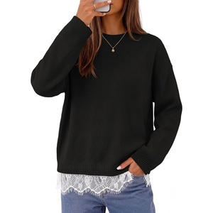 MEROKEETY Women’s Fall Oversized Lace Sweaters 2026 Trendy | Long Sleeve, Crew Neck, Drop Shoulder, Soft Knit, Loose Casual , Cozy Cute Pullover Top, Fall Fashion Outfits, Winter Clothes(Black)