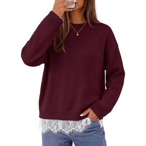 MEROKEETY Women’s Fall Oversized Lace Sweaters 2026 Trendy | Long Sleeve, Crew Neck, Drop Shoulder, Soft Knit, Loose Casual , Cozy Cute Pullover Top, Fall Fashion Outfits, Winter Clothes(Burgundy)