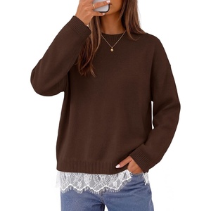 MEROKEETY Women’s Fall Oversized Lace Sweaters 2026 Trendy | Long Sleeve, Crew Neck, Drop Shoulder, Soft Knit, Loose Casual , Cozy Cute Pullover Top, Fall Fashion Outfits, Winter Clothes(Coffee)