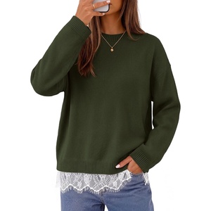 MEROKEETY Women’s Fall Oversized Lace Sweaters 2026 Trendy | Long Sleeve, Crew Neck, Drop Shoulder, Soft Knit, Loose Casual , Cozy Cute Pullover Top, Fall Fashion Outfits, Winter Clothes(Army)
