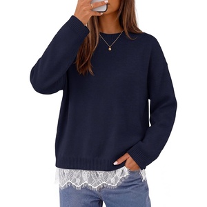 MEROKEETY Women’s Fall Oversized Lace Sweaters 2026 Trendy | Long Sleeve, Crew Neck, Drop Shoulder, Soft Knit, Loose Casual , Cozy Cute Pullover Top, Fall Fashion Outfits, Winter Clothes(Navy)