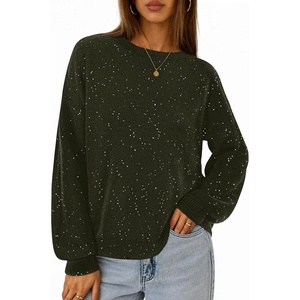 MEROKEETY Women’s Fall Sequin Long Sleeve Pullover Sweaters | Crew Neck, Lantern Sleeve, Oversized, Casual, Sparkly, Drop Shoulder, Ribbed Hem, Solid Color, Knit, Winter Clothes(Olive)