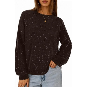 MEROKEETY Women’s Fall Sequin Long Sleeve Pullover Sweaters | Crew Neck, Lantern Sleeve, Oversized, Casual, Sparkly, Drop Shoulder, Ribbed Hem, Solid Color, Knit, Winter Clothes(Coffee)