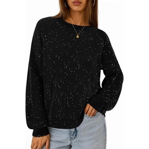 MEROKEETY Women’s Fall Sequin Long Sleeve Pullover Sweaters | Crew Neck, Lantern Sleeve, Oversized, Casual, Sparkly, Drop Shoulder, Ribbed Hem, Solid Color, Knit, Winter Clothes(Black)