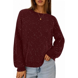 MEROKEETY Women’s Fall Sequin Long Sleeve Pullover Sweaters | Crew Neck, Lantern Sleeve, Oversized, Casual, Sparkly, Drop Shoulder, Ribbed Hem, Solid Color, Knit, Winter Clothes(Wine)
