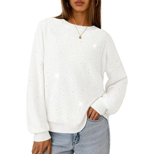 MEROKEETY Women’s Fall Sequin Long Sleeve Pullover Sweaters | Crew Neck, Lantern Sleeve, Oversized, Casual, Sparkly, Drop Shoulder, Ribbed Hem, Solid Color, Knit, Winter Clothes(White)