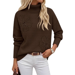 MEROKEETY Women’s Fall Turtleneck Cute Floral Pullover Sweater 2026 Cozy | 3D Floral Appliqués, Long Sleeves, Ribbed Details, Relaxed, Solid, Trendy Outfit, Dressy Casual Top, Winter Clothing(Coffee)