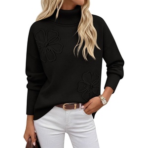 MEROKEETY Women’s Fall Turtleneck Cute Floral Pullover Sweater 2026 Cozy | 3D Floral Appliqués, Long Sleeves, Ribbed Details, Relaxed, Solid, Trendy Outfit, Dressy Casual Top, Winter Clothing(Black)