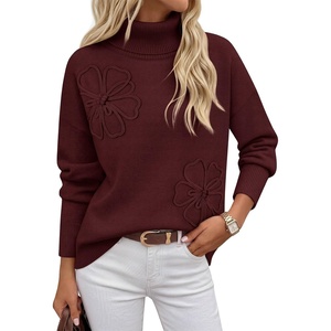 MEROKEETY Women’s Fall Turtleneck Cute Floral Pullover Sweater 2026 Cozy | 3D Floral Appliqués, Long Sleeves, Ribbed Details, Relaxed, Solid, Trendy Outfit, Dressy Casual Top, Winter Clothing(Wine)