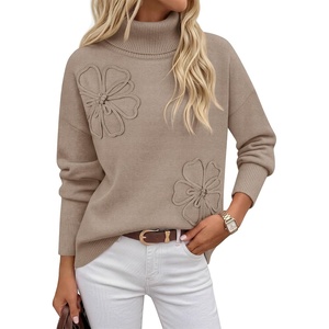 MEROKEETY Women’s Fall Turtleneck Cute Floral Pullover Sweater 2026 Cozy | 3D Floral Appliqués, Long Sleeves, Ribbed Details, Relaxed, Solid, Trendy Outfit, Dressy Casual Top, Winter Clothing(Camel)