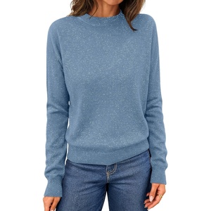 MEROKEETY Womens Long Sleeve Casual Crewneck Sweaters 2026 Ribbed Shimmery | Lightweight, Knit, Ribbed Hem, Solid Color, Slim fit Pullover, Flattering Jumper Tops, Fall Fashion, Layering Winter Clothing(Dusty Blue)