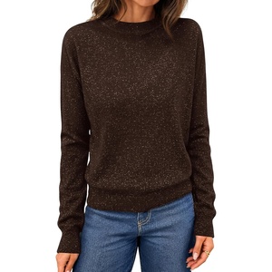 MEROKEETY Womens Long Sleeve Casual Crewneck Sweaters 2026 Ribbed Shimmery | Lightweight, Knit, Ribbed Hem, Solid Color, Slim fit Pullover, Flattering Jumper Tops, Fall Fashion, Layering Winter Clothing(Coffee)