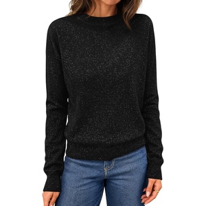 MEROKEETY Womens Long Sleeve Casual Crewneck Sweaters 2026 Ribbed Shimmery | Lightweight, Knit, Ribbed Hem, Solid Color, Slim fit Pullover, Flattering Jumper Tops, Fall Fashion, Layering Winter Clothing(Black)