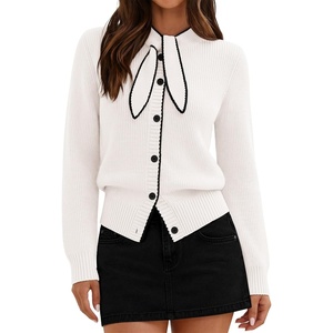 MEROKEETY Women’s Long Sleeve Tie Front Fall Cardigan Chunky Knit Sweaters | Classic Crewneck, 2026 Trendy, Vintage Cute, Button Up, Ribbed Hem, Color Block, Business Casual Work, Fashion Winter Clothes(Beige)