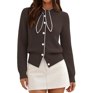 MEROKEETY Women’s Long Sleeve Tie Front Fall Cardigan Chunky Knit Sweaters | Classic Crewneck, 2026 Trendy, Vintage Cute, Button Up, Ribbed Hem, Color Block, Business Casual Work, Fashion Winter Clothes(Coffee)