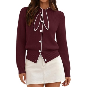 MEROKEETY Women’s Long Sleeve Tie Front Fall Cardigan Chunky Knit Sweaters | Classic Crewneck, 2026 Trendy, Vintage Cute, Button Up, Ribbed Hem, Color Block, Business Casual Work, Fashion Winter Clothes(Wine)