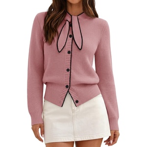 MEROKEETY Women’s Long Sleeve Tie Front Fall Cardigan Chunky Knit Sweaters | Classic Crewneck, 2026 Trendy, Vintage Cute, Button Up, Ribbed Hem, Color Block, Business Casual Work, Fashion Winter Clothes(Pink)