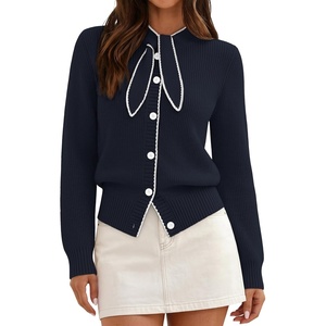 MEROKEETY Women’s Long Sleeve Tie Front Fall Cardigan Chunky Knit Sweaters | Classic Crewneck, 2026 Trendy, Vintage Cute, Button Up, Ribbed Hem, Color Block, Business Casual Work, Fashion Winter Clothes(Navy)