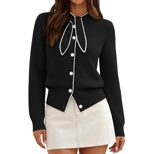 MEROKEETY Women’s Long Sleeve Tie Front Fall Cardigan Chunky Knit Sweaters | Classic Crewneck, 2026 Trendy, Vintage Cute, Button Up, Ribbed Hem, Color Block, Business Casual Work, Fashion Winter Clothes(Black)