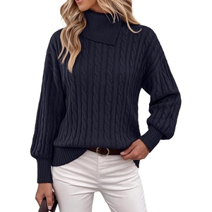 MEROKEETY Women’s Turtleneck Long Sleeve Fall Winter Cable Knit Sweater | 2026 Trendy Pullover Tops, Chunky Ribbed Knit, Oversized Loose Fit, Business Casual, Work Office, Going Out Travel Outfits(Navy)