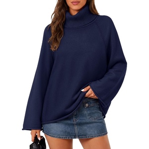 MEROKEETY Women’s Turtleneck Long Sleeve Fall Winter Chunky Knit Sweater | Ribbed Knit, Oversized Loose Fit, 2026 Trendy Pullover Tops, Business Casual, Work Office, Dressy Going Out Travel Outfits(Navy)