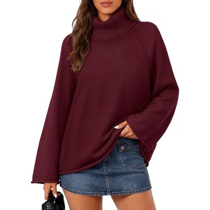 MEROKEETY Women’s Turtleneck Long Sleeve Fall Winter Chunky Knit Sweater | Ribbed Knit, Oversized Loose Fit, 2026 Trendy Pullover Tops, Business Casual, Work Office, Dressy Going Out Travel Outfits(Wine)