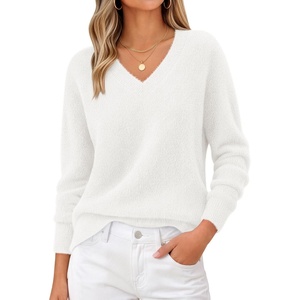 MEROKEETY Women’s V Neck Fuzzy Fall Long Sleeve Cozy Soft Sweater Pullover | 2026 Fashion, Slouchy Furry Knit Tops, Classic Loose Fit, Daliy Casual Wear, Comfy Warm Winter Outfits(White)